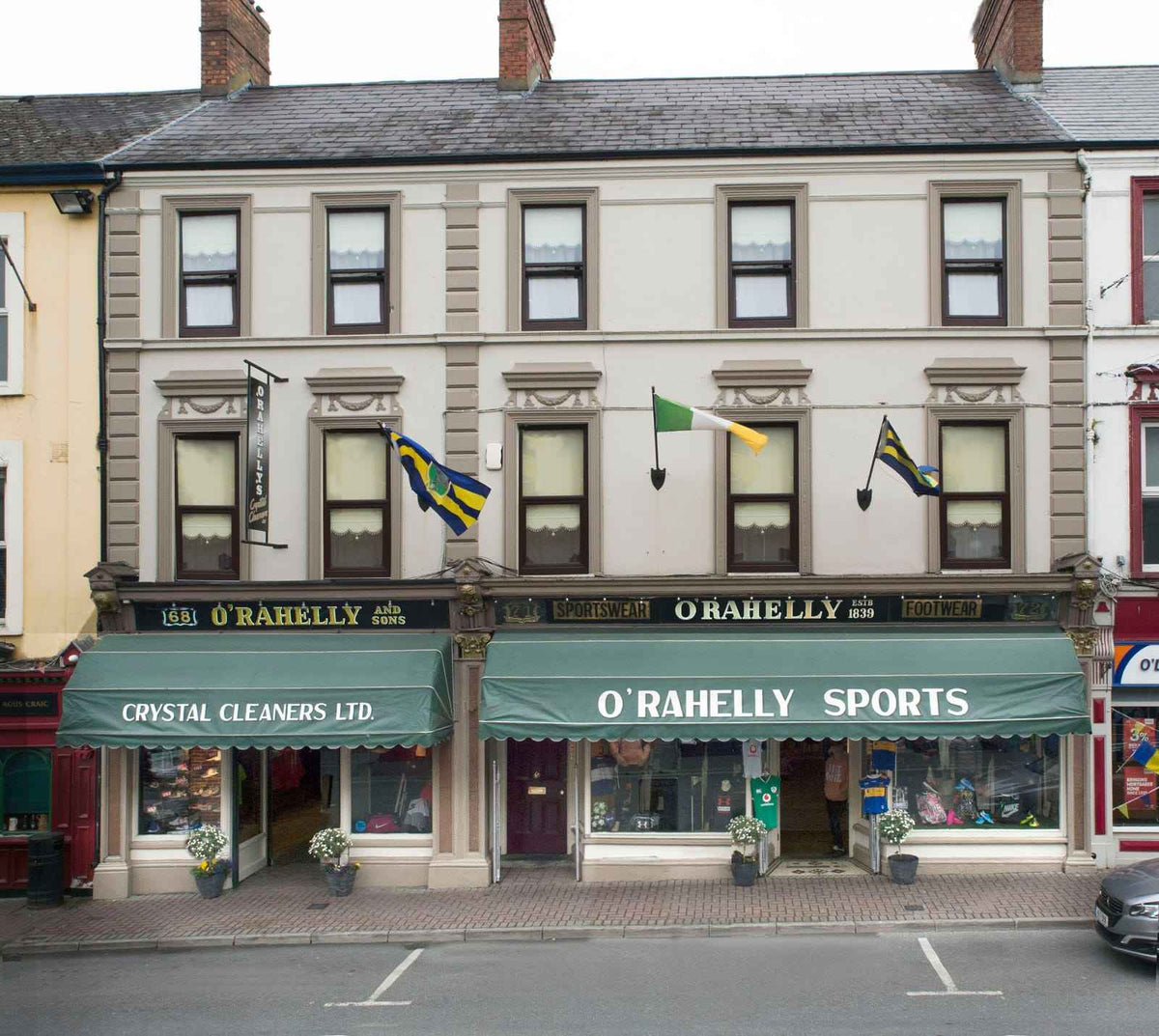 The O'Rahelly Sports shopfront in Tipperary Town, under the O'Rahelly fascia marked established 1839