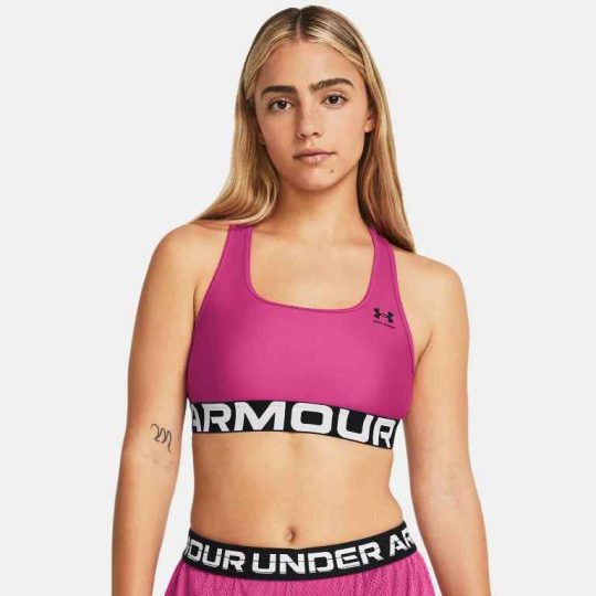 Under Armour HeatGear Armour Mid Branded Sports Pink  Bra Ladies
